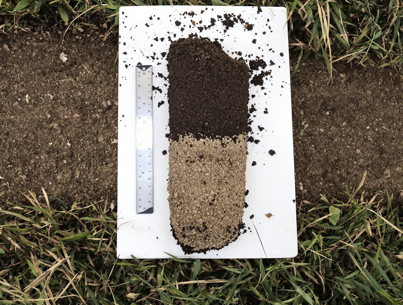 A soil core laid out on a board showing dark topsoil grading into paler subsoil