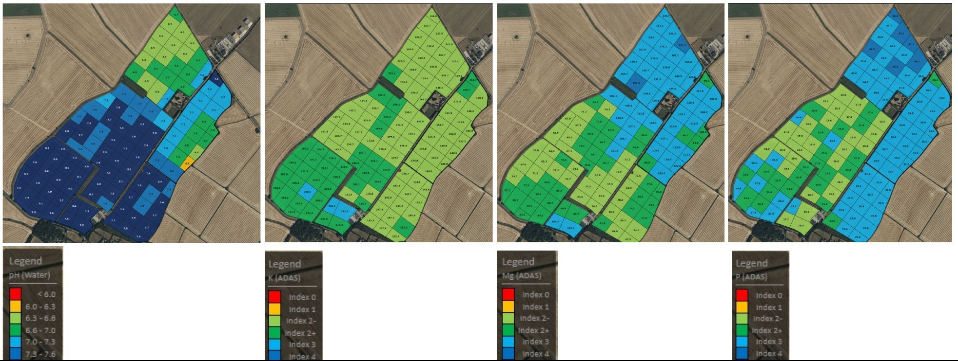 Four maps of the same farm showing pH, potassium, magnesium and phosphorus results for every field, colour-coded against the ADAS soil index